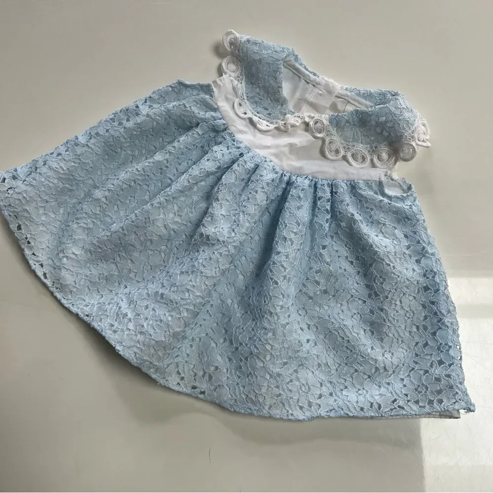 Dainty Vintage 1990s Baby Blue Lace Collared Pleated Two Tone Pearl Button Dress - Picture 3 of 6
